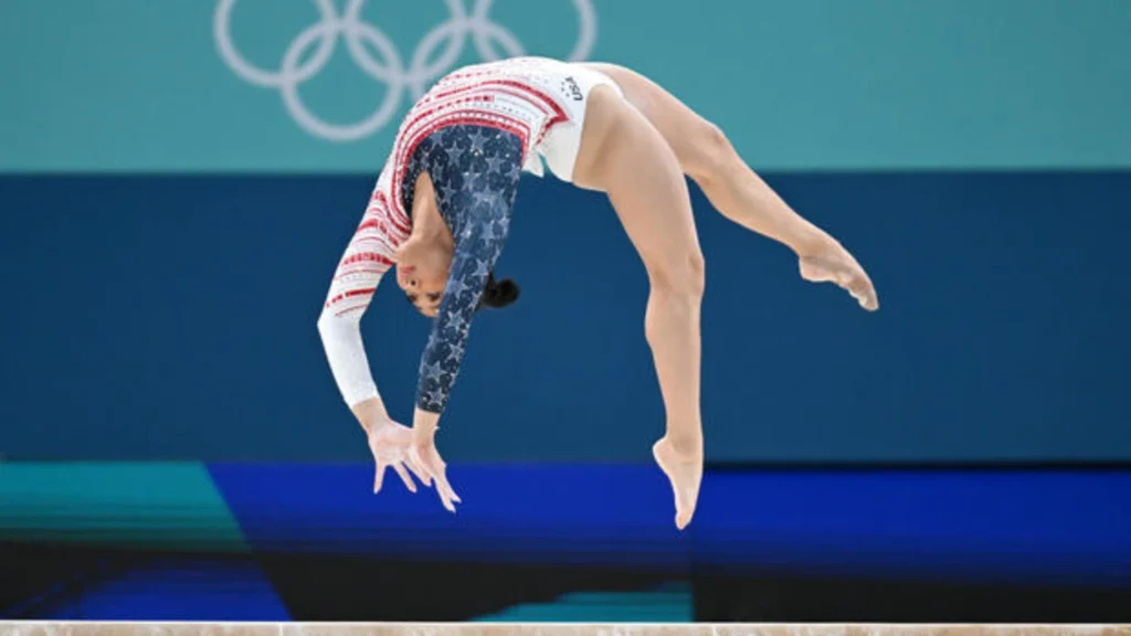 Sunisa Lee of Team USA performs on the balance beam